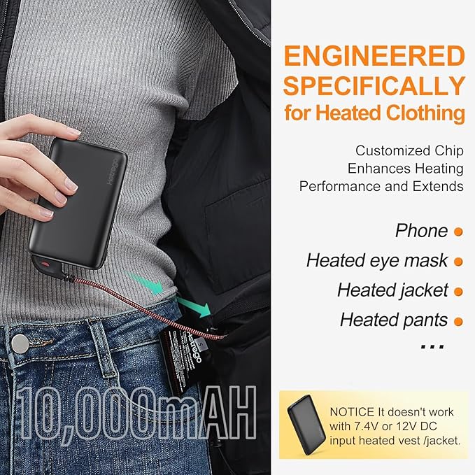 Heated Vest Battery Pack, 5V 2A 10,000 mAH Ultra Slim Compact Portable Charger with USB-C Charging Cable, Rechargeable Power Bank for Men Women Heated Jacket, Pants, Clothing, iPhone,Etc