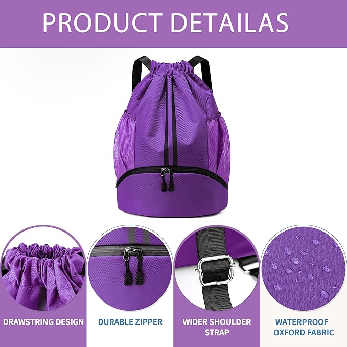 JELUTAR Drawstring Backpack Gym Bag with Shoes Compartment for Soccer, Basketball, Swim, Water-Resistant String Backpack Beach Cinch for Women Men, Purple