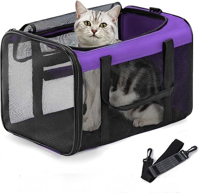 Conlun Cat Carrier Bag,Soft-Sided Pet Carriers for Dogs with 4-Sided Mesh,Airline Approved Cat Transport Carrier for Small&Medium Cats Kitten Puppy Up to 15LB,Collapsible Cat Travel Carrier-M,Purple