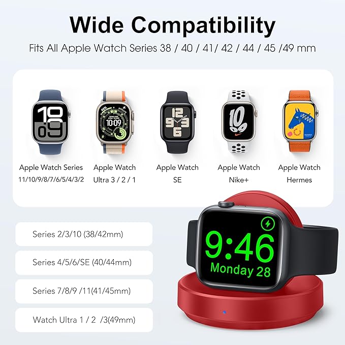 2026 Upgraded for Apple Watch Charger Magnetic Fast Charging Dock,Portable Wireless Charging Stand Compatible with iWatch Series Ultra/SE/11/10/9/8/7/6/5/4/3/2 Support Nightstand Mode-Red