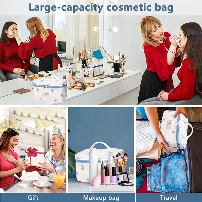 Gosect Large Makeup Bag, Cute Cosmetic Bag for Women Girls, Floral Coquette Aesthetic Toiletry Bag, Travel Make Up Organizer Bag (White Blue Butterfly Flower)