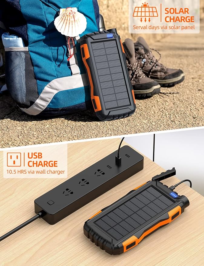 Mregb Solar Charger Power Bank 42800mAh, Portable Charger, Solar Power Bank,External Battery Pack 5V3.1A Qc 3.0 Fast Charger Built-in Super Bright Flashlight (Orange)