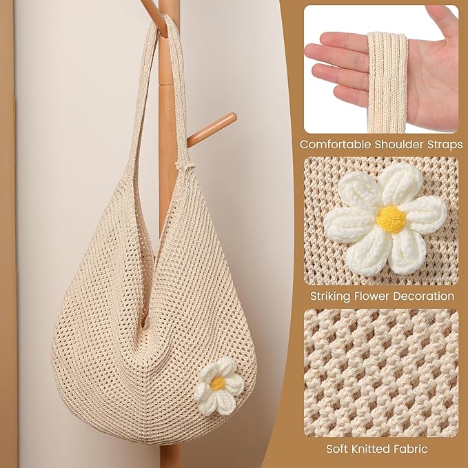 Premillow Crochet Beach Bags for Women, Summer Beach Tote Bag, Mesh Cute Beach Purse, Aesthetic Knit Bag Handbag Shoulder Bag