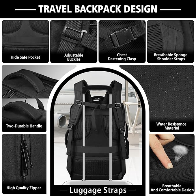 Roomy Carry On Backpack, Expandable Large Capacity Travel Backpack 1-7 Days with LifetimeWarranty,Fits18.4" Laptop,Water Resistant Anti Theft Carry on Laptop Backpack for Men Women,Flight Travel,Black