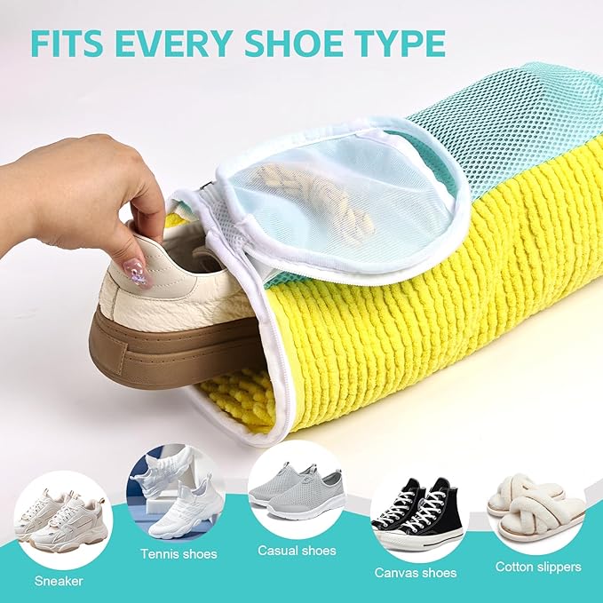 Shoe Washing Machine Bag Reusable Sneaker Washing Bag with Built-in Fluffy Brushes for 360° All-Around Cleaning. Laundry Shoe Bag is Designed for Washer and Dryer （Yellow 4pcs Pro）