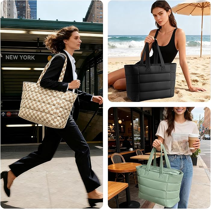Puffer Tote Bag with Pouch,Women's Lightweight Quilted Shoulder Bag,15.6"/17.3" Laptop Travel Weekender for Work & Nurses