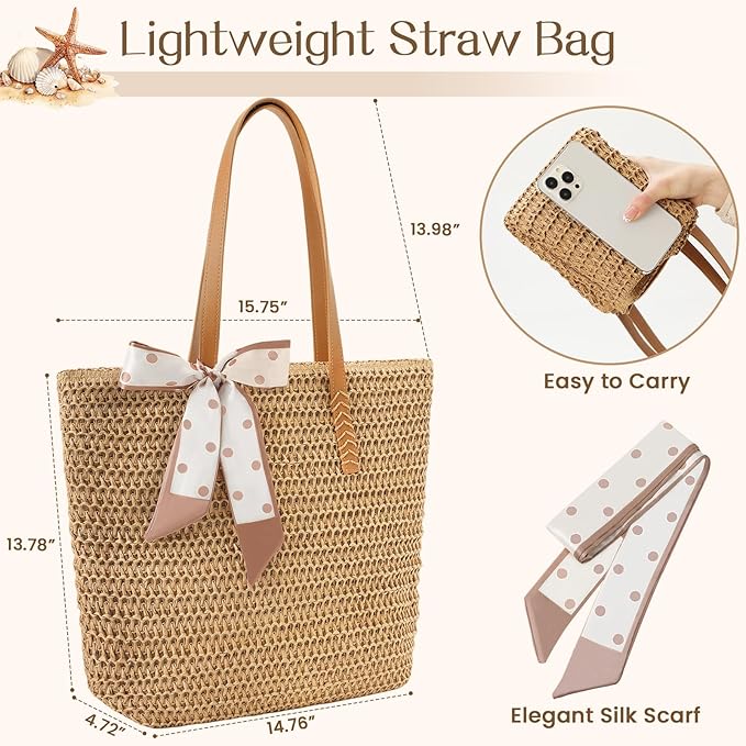 Trifabricy Beach Bags for Women, Large Straw Beach Bag, Beach Tote Bag Shoulder Handbags, Straw Bag Beach Purse for Summer