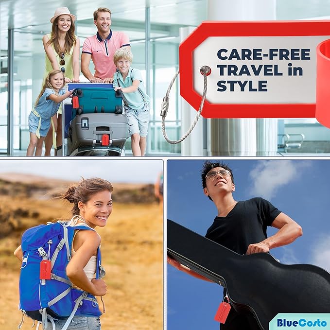 BlueCosto - Luggage Tags - Large, Red, 5 PK - PVC Suitcase Tags w/Privacy Cover & Stainless Steel Wire Loops - Personalized Baggage Identifiers for Travel - Backpack Name Labels
