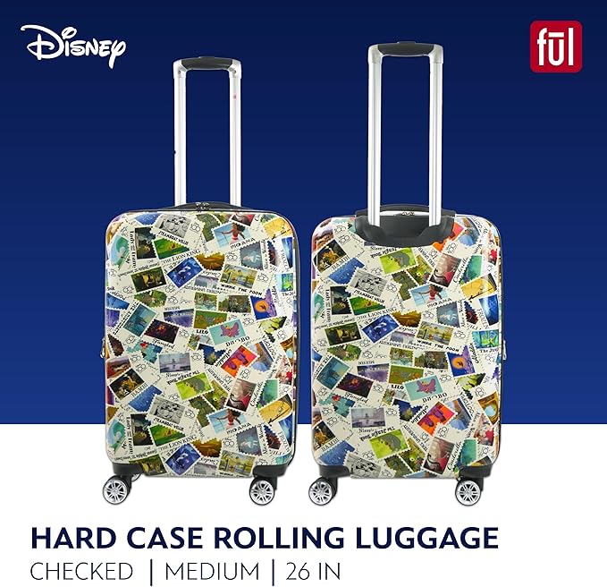 FUL Disney Stamps 26 Inch Rolling Luggage, Hardshell Checked Suitcase with Spinner Wheels, Multi