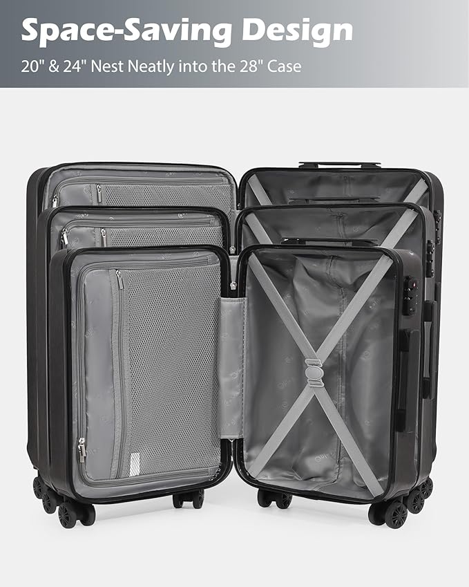 Coolife Luggage 3 Piece Set PC+ABS Hardshell Suitcases with TSA Lock, Spinner Lightweight (grey, 3 piece set)