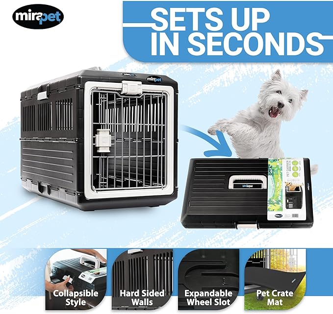 Pet Carrier with Pad, 26.4"Lx15.3"Wx18.8"H - Collapsible Travel Kit for Medium Cats & Dogs, Hard Plastic Wall Kennel for Indoor/Outdoor Use
