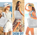 HOHOM Beach Bags for Women, Summer Travel Mesh Tote Bag with Large Inner Pocket, Sandproof Woven Shoulder Handbag