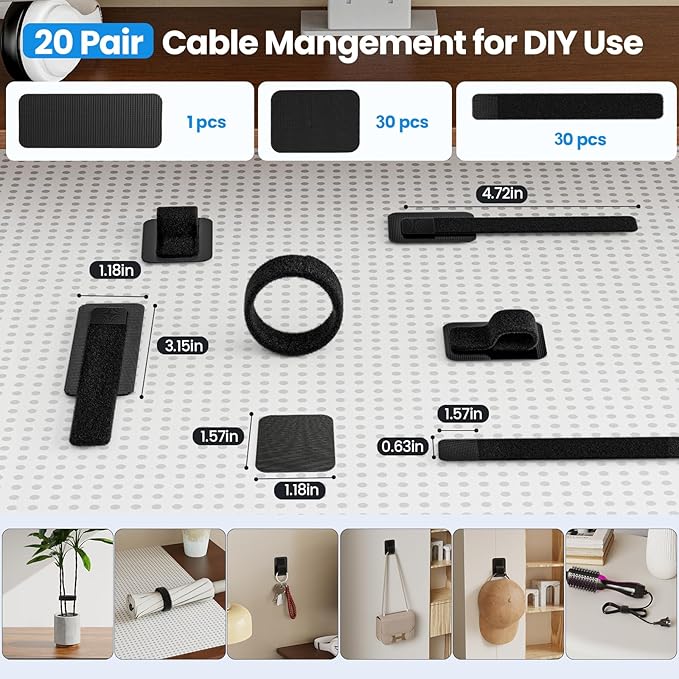 Cable Management Under Desk, 【Up to 15 Cord】【Enhanced Wire Holder】 Cord Organizer Holder, Adjustable Hook and Loop Cable Ties, Wire Clips Under Table Hider, 30 Pair(Black)