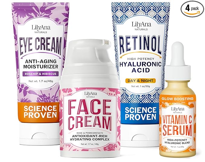 LilyAna Naturals Skincare Gift Set - Retinol Cream, Vitamin C Serum, Eye Cream and Face Cream Moisturizer - Anti Aging Skin Care Sets for Women