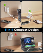 65W for MacBook Pro Charger,5-in-1 Retractable Wall Charger Plug for iPhone 17, Dual 3.94 ft PD USB C Cable&3 Ports, Fast Charging Block for Mac Book Pro/Air, M1 M2 M3 M4 M5, iPad Pro,Galaxy,Pixel