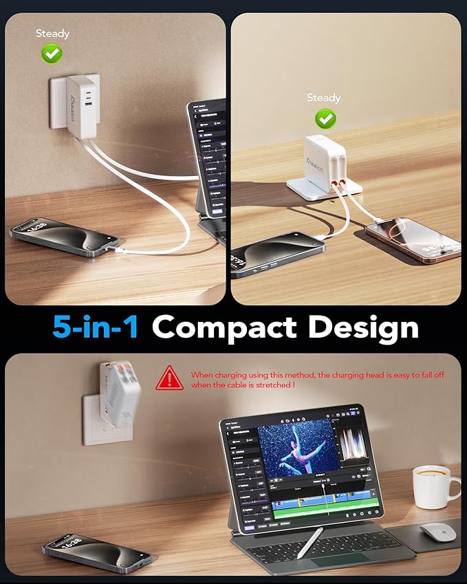 65W for MacBook Pro Charger,5-in-1 Retractable Wall Charger Plug for iPhone 17, Dual 3.94 ft PD USB C Cable&3 Ports, Fast Charging Block for Mac Book Pro/Air, M1 M2 M3 M4 M5, iPad Pro,Galaxy,Pixel