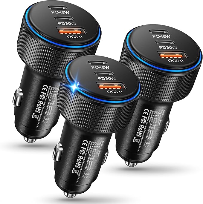 USB C Car Charger 3Pack, 3-Port 93W Dual PD USB-C & USB-A Fast Charging Cigarette Lighter USB Charger for Samsung S25 S24, Car Phone Adapter Accessories for iPhone 17/Air/16/15 Pro Max, Pixel