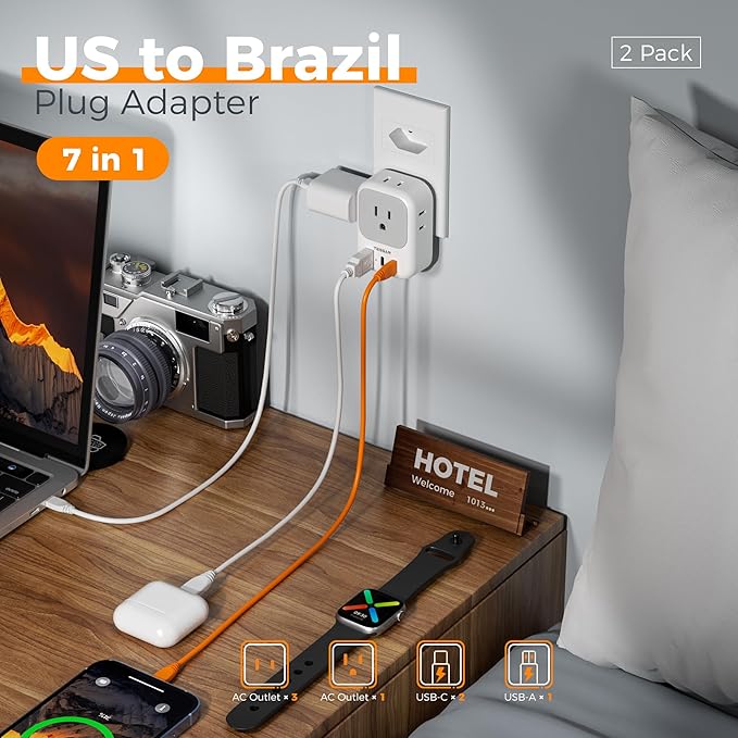 TESSAN Brazil Plug Adapter 2 Pack, 7 in 1 PD 20W Travel Adaptor with 4 Electrical Outlets and 3 USB Charger Ports (1 USB-A, 2 USB-C), Type N Power Adapters for US to Brasil Brazilian