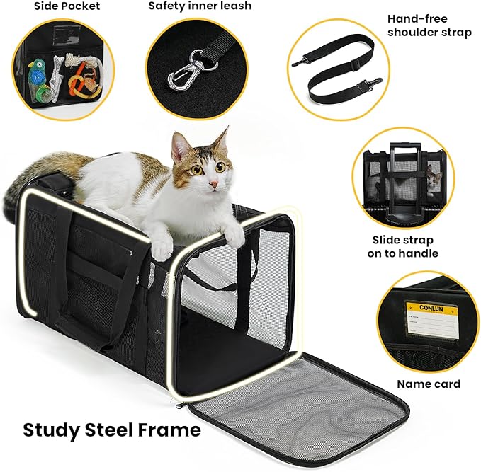 Conlun Cat Carrier Bag,Soft-Sided Pet Carriers for Dogs with 4-Sided Mesh,Airline Approved Cat Transport Carrier for Small&Medium Cats Kitten Puppy Up to 15Lb,Collapsible Cat Travel Carrier-M,Black