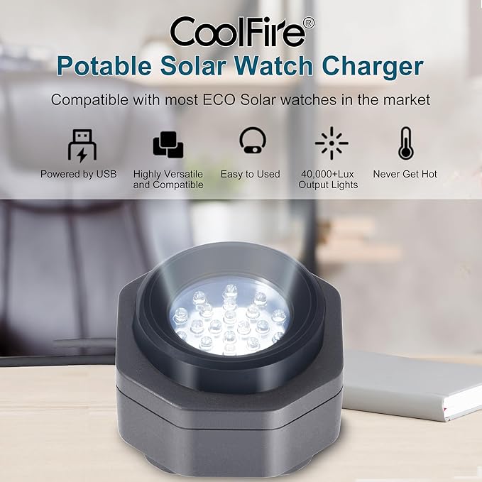 CoolFire (The Original) - USB-C UV Free Solar Watch Fast Charger for All Eco Solar Watches. Safe 24/7 Charging (No 8H Timer Needed). Reloj Hombre Solar Charger. Fits G-Shock, Citizen, Seiko, Garmin SV