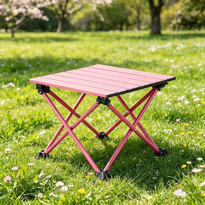 Wind Tour Roll-Up Camping Table, 4-Person Lightweight Aluminum Portable Outdoor Table with Carry Bag for Picnics BBQ Travel (15.7”x13.7”x11” | Pink)