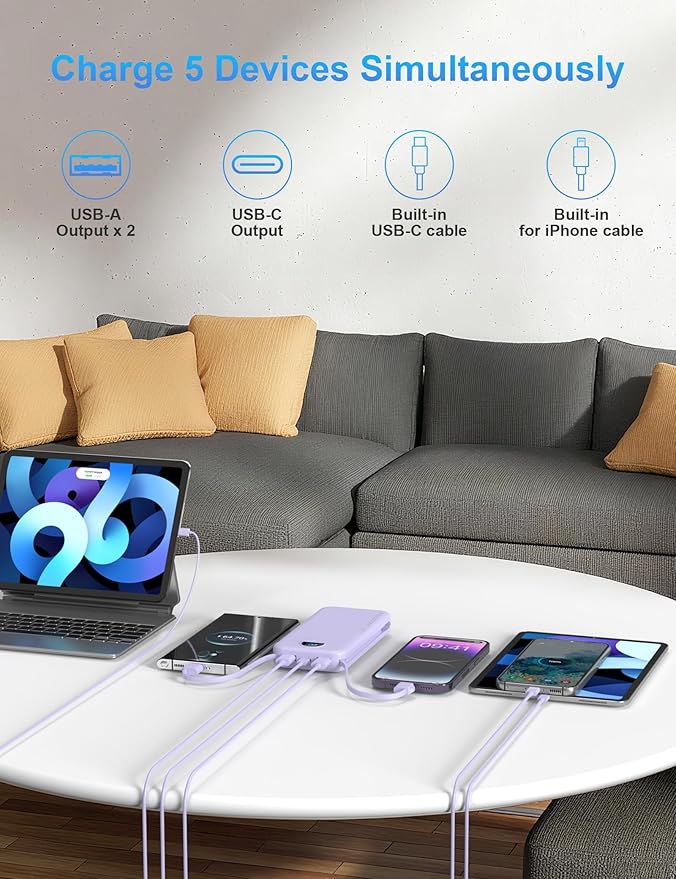 Portable Charger with Wall Plug, 10000mAh USB C Power Bank Fast Charging, External Battery Pack with Built in Cables, Digital Display, 5 Output 4 Input for iPhone Android Cell Phone Tablet