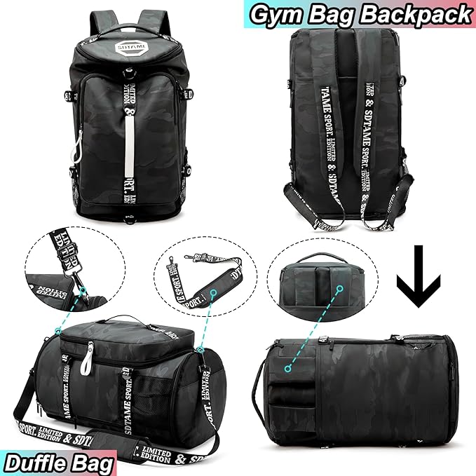 Gym Duffle Bag Backpack with Shoe Compartment,4 ways Travel Backpack for Women and Men,Multi-Functional Weekender bag with Waterproof Layer&Laptop Compartment for Fitness, Travel,Camping