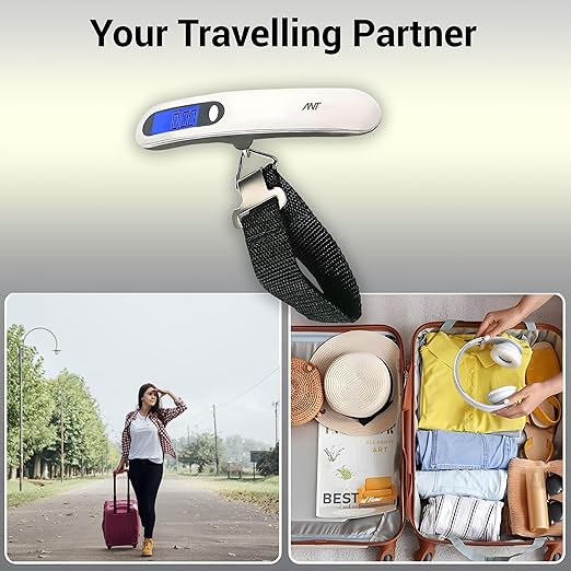 ANT Digital Luggage Scale 50kg – Portable High-Precision Travel Weight Scale with Backlit LCD, Strap Hook, Tare & Unit Switch – Ideal for Flights, Suitcases, Parcels – White