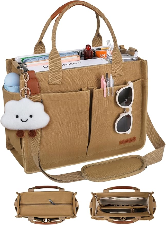 BESBESME Canvas Tote Bag for Women with Zipper & Compartments– Large Work & College Laptop Tote Crossbody Shoulder Bag
