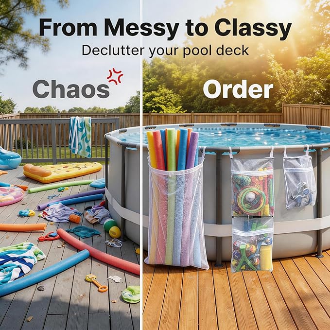 Poolside Perfection! 4-Pack Mesh Storage Bags for Toys, Pool Noodles, Vibrant Floats – Organize Your Swim Gear in Style! (3 pcs Small Zipper Bags & One Large Opening Bag)
