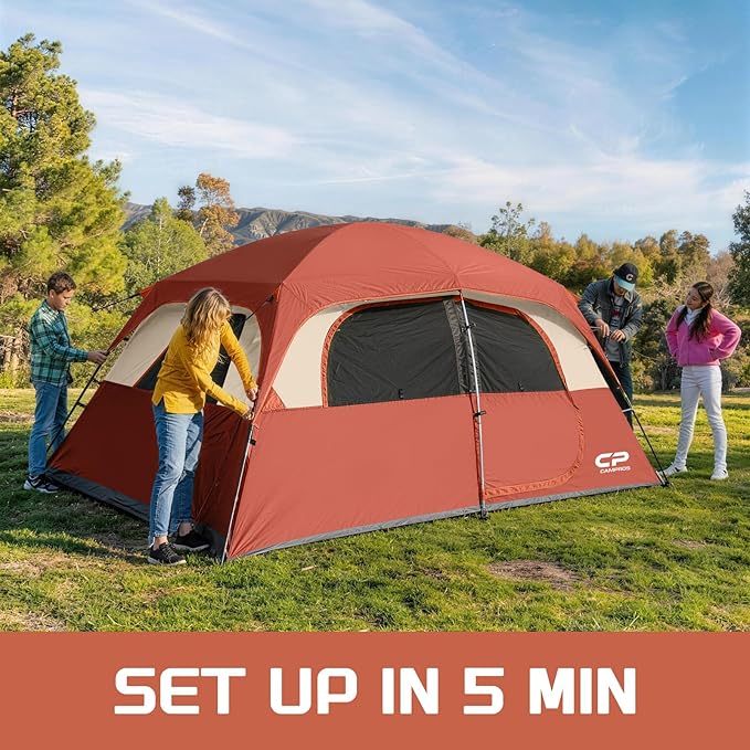 CAMPROS CP Upgraded 6/8 Person Camping Tents, Waterproof Windproof Family Tent with Larger Mesh Windows & Door, Double Layer, Easy Set Up, All-Season Dome Tent with Top Rainfly & Carry Bag