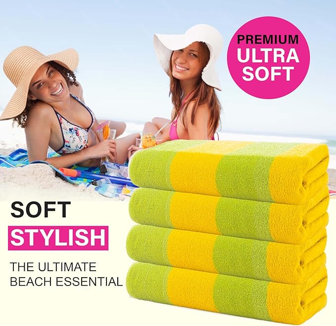 CASA COPENHAGEN Malibu 4Pcs 100% Egyptian Cotton Beach Towels Gift Set- Green, 30"X60", 4 Beach Bath Towels Set (Box Pack,Gift Ribbon Set for Women & Men)