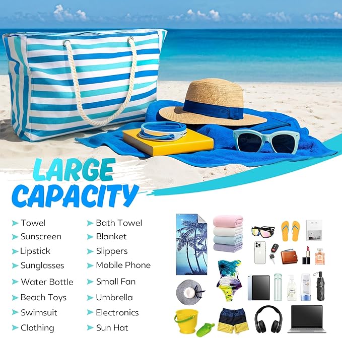 SRISE Large Beach Bag for Women & Men, Beach Bags Waterproof Sandproof, Travel Tote Bag, Swim Pool Bag for Family Outdoor