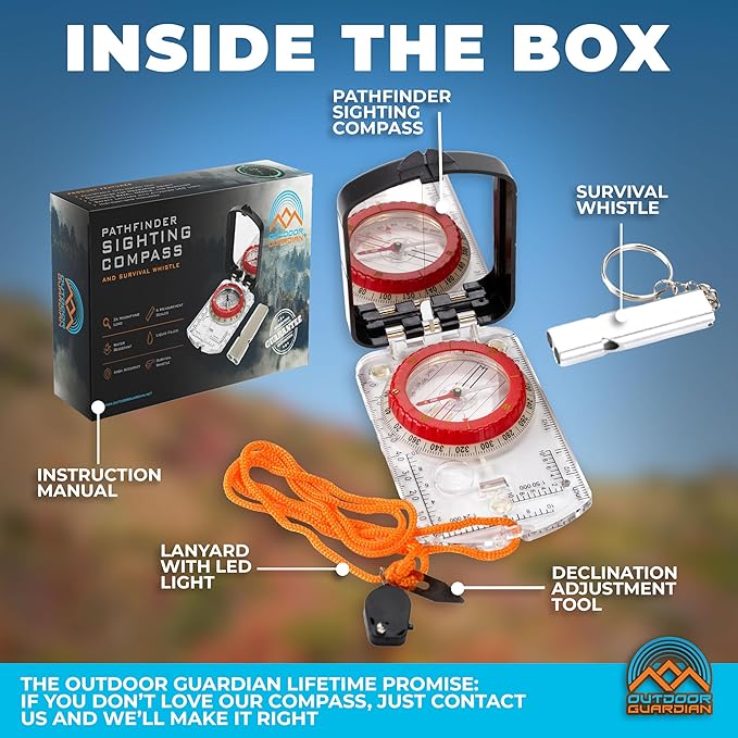 Pathfinder Sighting Compass - Precise Navigation, Hiking and Orienteering Mirror Compass with Luminous Bezel, Adjustable Declination, Clinometer, LED and Survival Whistle, Scout Gifts