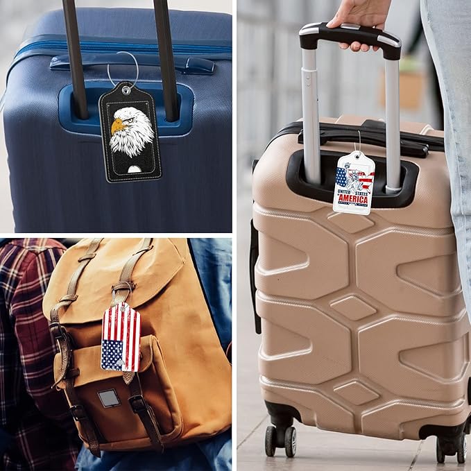 Rimilak 3 Pcs PU Leather Luggage Tags for Suitcase, Travel Cruise Luggage Tag with Privacy Flap, Name ID Label and Metal Loop for Women Men Baggage Handbag School Bag Backpack, USA