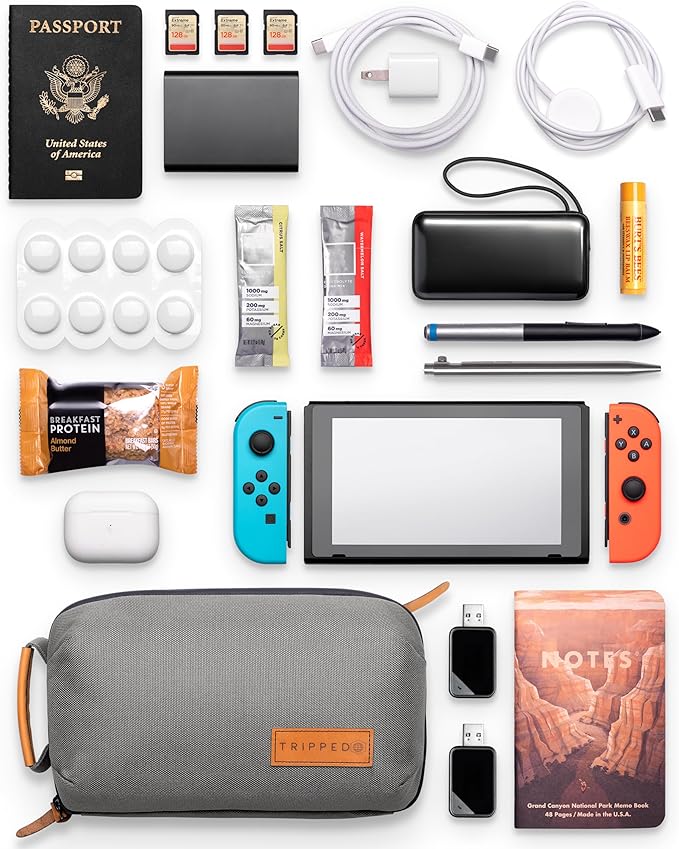 Tech Bag Organizer - Small Electronics Organizer Pouch for Travel - Premium Travel Case with Leather Accents - Mesh Pocket for Cables, Cords and Chargers (Grey)