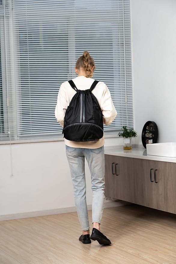 Valleycomfy Sports Drawstring Backpack - Water Resistant String Bag with Side Mesh Pockets Shoe Compartment Gym Backpack for Women & Men Dark Blue