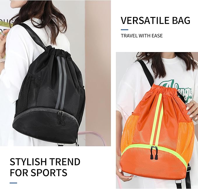 JELUTAR Drawstring Backpack Gym Bag with Shoes Compartment for Soccer, Basketball, Swim, Water-Resistant String Backpack Beach Cinch for Women Men, Orange