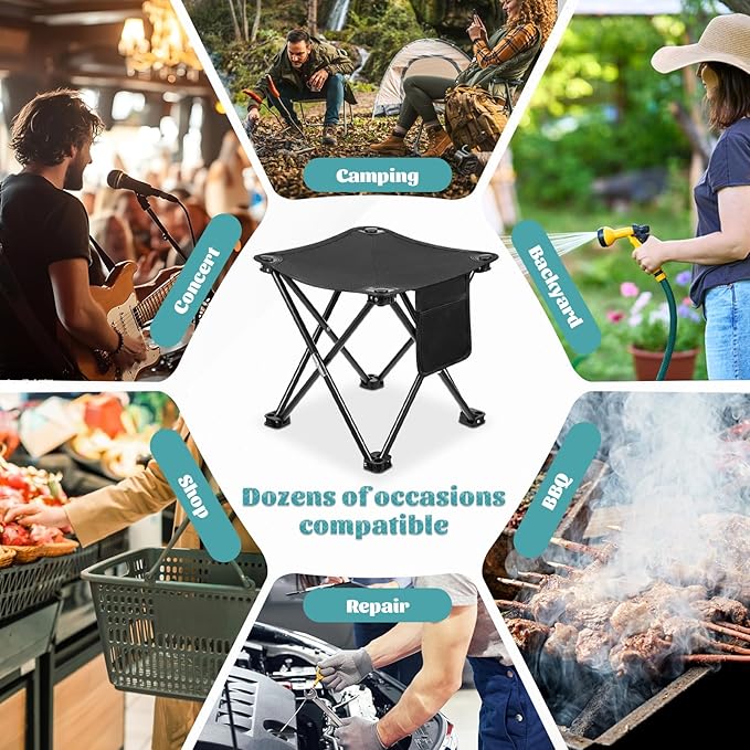 2 Pack Camping Stool 13 Inch Portable Folding Camp Stool with Side Pocket for Camping Fishing Hiking Gardening Outdoor Walking, Foot Stools with Carry Bag, Black