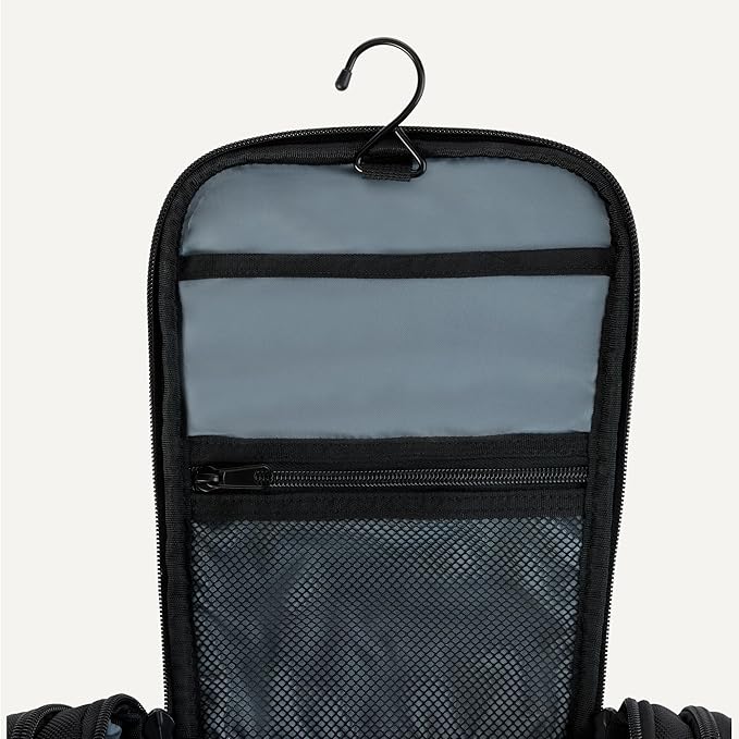 Amazon Essentials Spacious Toiletry Bag, Hanging Cosmetic Dopp Kit with Multiple Compartments, Durable 1680D Polyester, Large Capacity Storage, Compact Design, Black (Previously Amazon Basics)