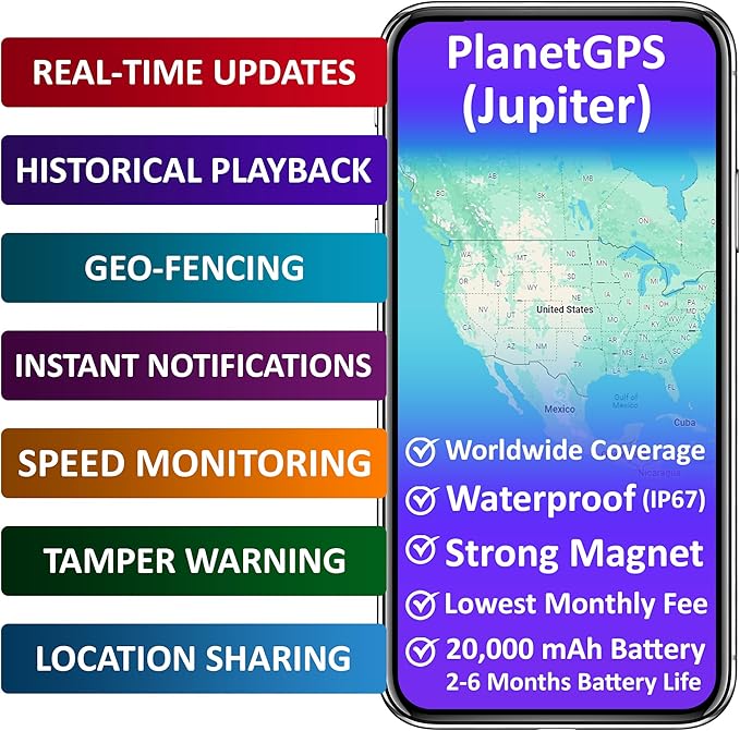 PlanetGPS (Jupiter) - Magnetic Waterproof GPS Tracker for Vehicles GPS Tracker for Cars Trucks with Worldwide Coverage (2 to 6 Months Battery) - Subscription Required (Starting $5.00 / Month)
