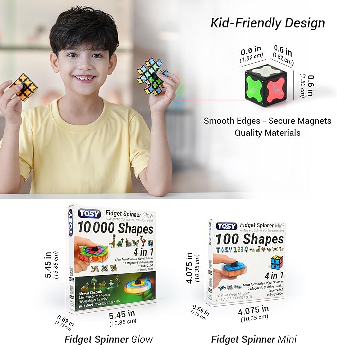 TOSY Magnet Fidget Spinner Mini - 8 Blocks, 3in1 Toy: Transformable Fidget Spinner, Infinity Cube, 2x2 Puzzle Cube, Easter Basket Stuffers Gift for Kids/Adult, STEM Sensory Stress Relief Toy, 2-Pack