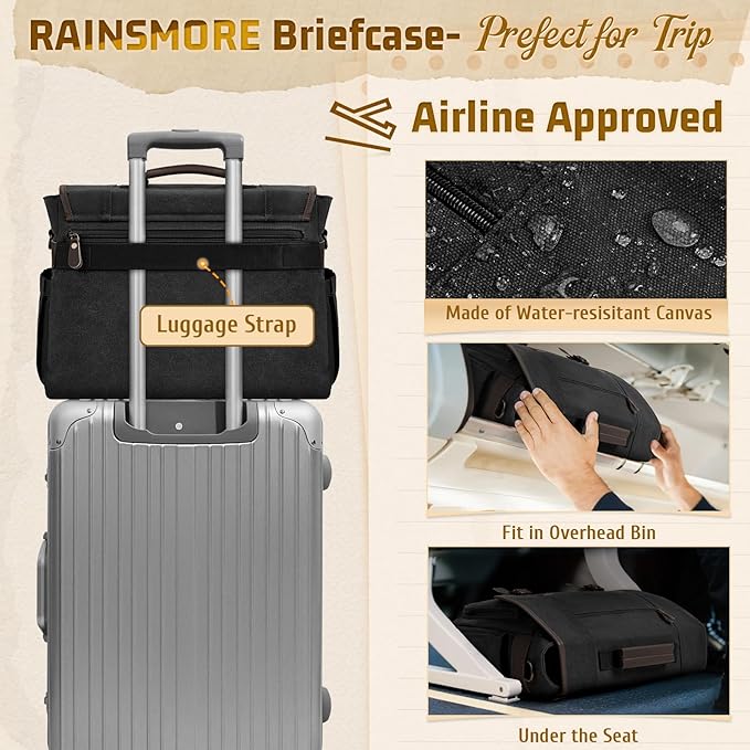 RAINSMORE Mens Messenger Bag 17-17.3 Inch Vintage Canvas Briefcase Water-resistant Large Computer Laptop Bag Rugged Satchel Shoulder Bag for Work Travel, Bookbag for College