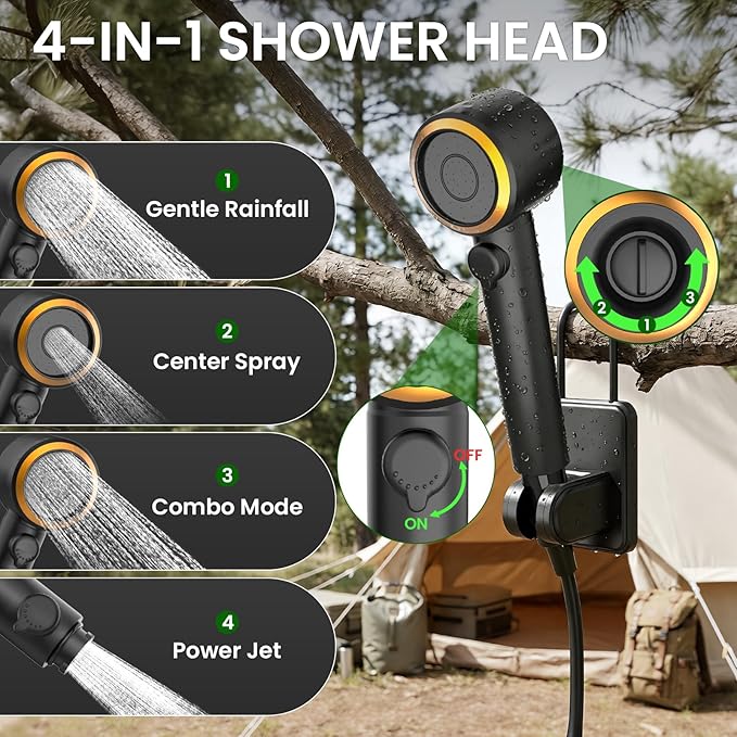 Portable Camping Shower Head with Pump - Dessports 6000mAh Rechargeable Outdoor Camp Shower Kit with Smart LED Display, 5 Pressure Levels, 4 Modes, IPX8 Waterproof for Hiking, RV, Car Wash & Pet