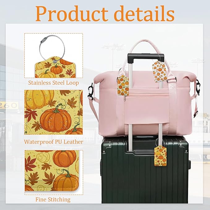 Fall Pumpkin Luggage Tags for Suitcases, 3 Pack Leather Bag Tag Identifiers with Stainless Steel Loop and Address Card for Men Women