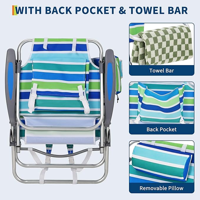 GarveeLife High Backpack Beach Chair for Adults 2 Pack, Lightweight Portable Lay Flat Folding Beach Chair with 5 Positions, Backpack Straps, Phone Pocket, Cup Holder, Cooler Pouch & Towel Bar