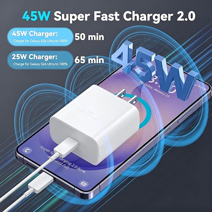 45W Super Fast Charger USB C Android Phone Type C Charger Fast Charging Block with 6.6FT Cord for Samsung Galaxy S26/S26 Ultra/S26+/S25 Ultra/S25/S24 Ultra/S24/S23 Ultra/S22/S21/S20/Note 10, White