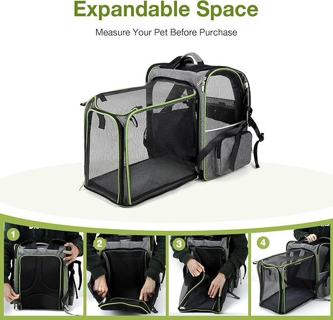 Large Cat Backpack Carrier Expandable Pet Carrier Backpack for Small Dogs Medium Cats Fit Up to 18 Lbs,Dogs Foldable Puppy Backpack Carrier for Travel, Hiking,Grey with Green Edge,L