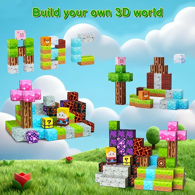 Magnetic Blocks Minecraft-Style Magnetic Building Blocks Cubes - 60PCS Tin Box Travel Magnet Toys Set STEM Educational for Kids Ages 3 4 5 6 7 8 9 10 11 12 Year Old Boys Girls Gifts birthday christmas