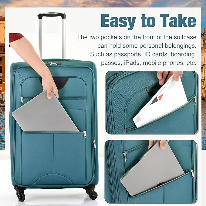Lightweight Expandable Softside Luggage Sets 3 Piece, Large Capacity Travel Suitcase with Spinner Wheel, TSA Lock, Easy Access Design and Adjustable Telescoping Handle (Green)